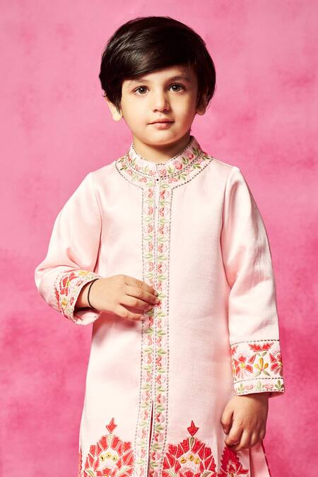Neha Gursahani Pink Satin, Linen Embroidery, Patchwork Thread Sherwani Set Online at Aza Fashions Neha Gursahani_Pink Satin, Linen Embroidery, Patchwork Thread Sherwani Set _Online_at_Aza_Fashions