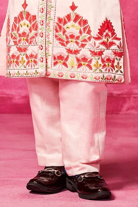 Shop Neha Gursahani Pink Satin, Linen Embroidery, Patchwork Thread Sherwani Set Online at Aza Fashions Shop_Neha Gursahani_Pink Satin, Linen Embroidery, Patchwork Thread Sherwani Set _Online_at_Aza_Fashions
