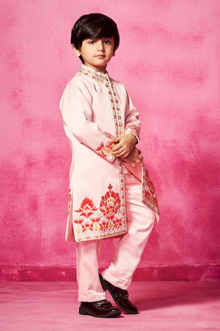 Neha Gursahani Pink Satin, Linen Embroidery, Patchwork Thread Sherwani Set at Aza Fashions Neha Gursahani_Pink Satin, Linen Embroidery, Patchwork Thread Sherwani Set _at_Aza_Fashions