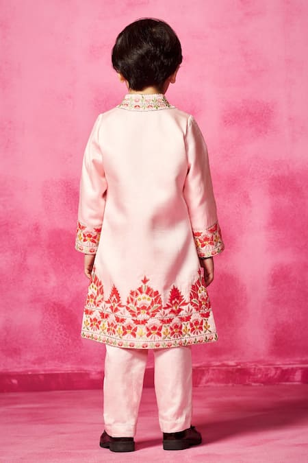 Shop Neha Gursahani Pink Satin, Linen Embroidery, Patchwork Thread Sherwani Set at Aza Fashions Shop_Neha Gursahani_Pink Satin, Linen Embroidery, Patchwork Thread Sherwani Set _at_Aza_Fashions