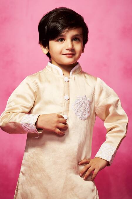 Neha Gursahani_Beige Satin, Linen Embroidery Crest Placement Kurta Set _Online_at_Aza_Fashions