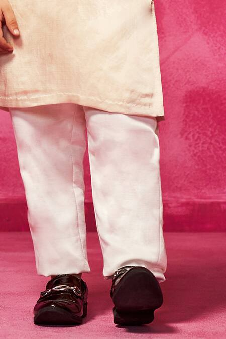 Buy_Neha Gursahani_Beige Satin, Linen Embroidery Crest Placement Kurta Set _Online_at_Aza_Fashions