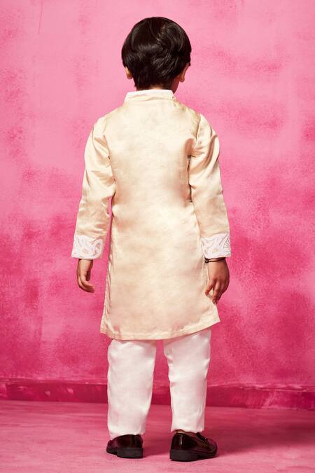 Shop_Neha Gursahani_Beige Satin, Linen Embroidery Crest Placement Kurta Set _at_Aza_Fashions