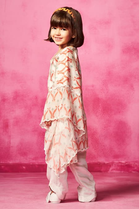 Neha Gursahani White Satin, Linen, Cotton Mughal Print Kaftan Kurta And Pant Set at Aza Fashions Neha Gursahani_White Satin, Linen, Cotton Mughal Print Kaftan Kurta And Pant Set _at_Aza_Fashions