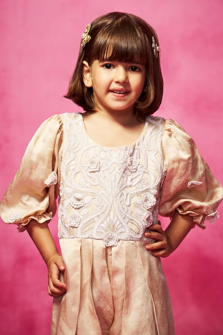 Neha Gursahani_Beige Satin, Linen Embroidery 3d Floral Jumpsuit _Online_at_Aza_Fashions