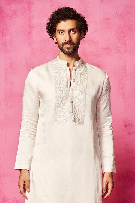 Neha Gursahani_Ivory Satin, Linen Embroidery Yoke Kurta And Pant Set _Online_at_Aza_Fashions
