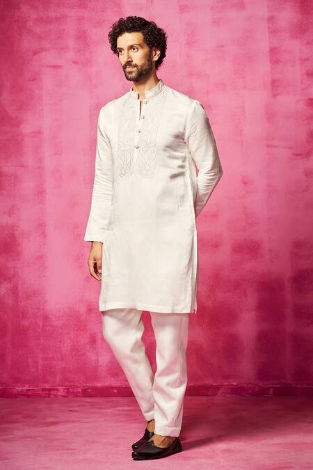 Shop_Neha Gursahani_Ivory Satin, Linen Embroidery Yoke Kurta And Pant Set _Online_at_Aza_Fashions