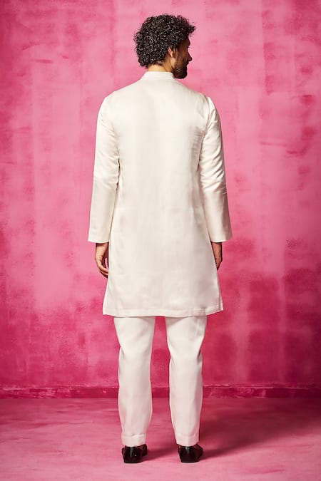 Shop_Neha Gursahani_Ivory Satin, Linen Embroidery Yoke Kurta And Pant Set _at_Aza_Fashions