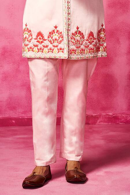 Buy Neha Gursahani Pink Satin Linen Embroidered Velvet Patchwork Sherwani And Pant Set Online at Aza Fashions Buy_Neha Gursahani_Pink Satin Linen Embroidered Velvet Patchwork Sherwani And Pant Set _Online_at_Aza_Fashions
