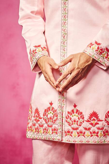 Shop Neha Gursahani Pink Satin Linen Embroidered Velvet Patchwork Sherwani And Pant Set Online at Aza Fashions Shop_Neha Gursahani_Pink Satin Linen Embroidered Velvet Patchwork Sherwani And Pant Set _Online_at_Aza_Fashions