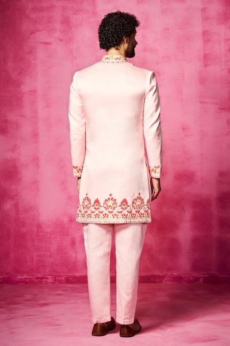 Shop Neha Gursahani Pink Satin Linen Embroidered Velvet Patchwork Sherwani And Pant Set at Aza Fashions Shop_Neha Gursahani_Pink Satin Linen Embroidered Velvet Patchwork Sherwani And Pant Set _at_Aza_Fashions