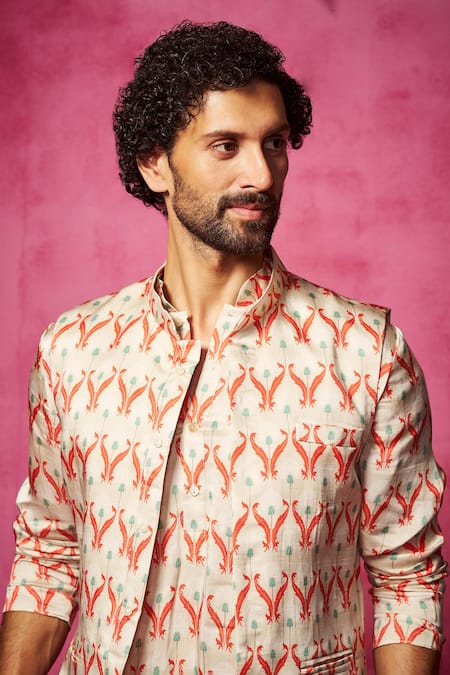 Shop Neha Gursahani Ivory Satin, Linen Abstract Print Nehru Jacket Set Online at Aza Fashions Shop_Neha Gursahani_Ivory Satin, Linen Abstract Print Nehru Jacket Set _Online_at_Aza_Fashions