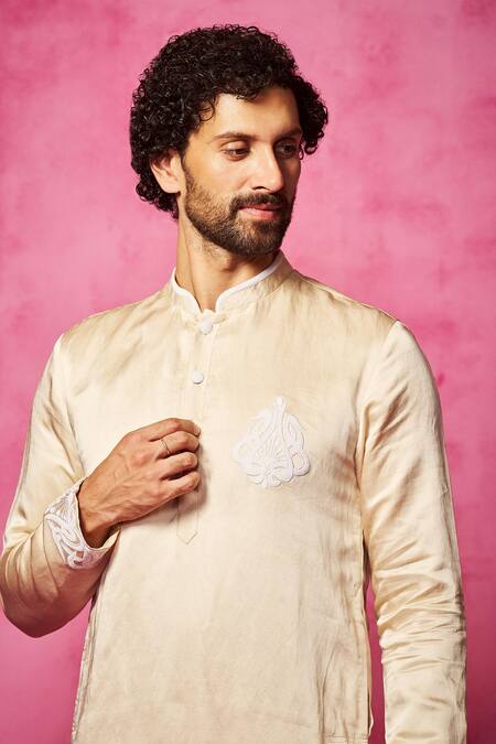 Buy Neha Gursahani Beige Satin, Linen Embroidery Crest Kurta And Pant Set Online at Aza Fashions Buy_Neha Gursahani_Beige Satin, Linen Embroidery Crest Kurta And Pant Set _Online_at_Aza_Fashions