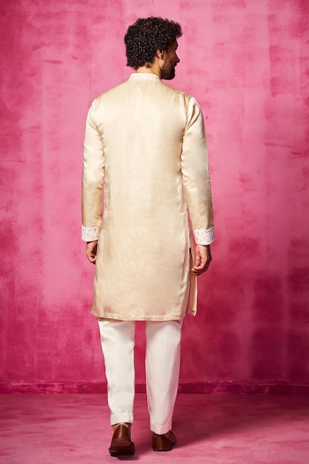 Shop Neha Gursahani Beige Satin, Linen Embroidery Crest Kurta And Pant Set at Aza Fashions Shop_Neha Gursahani_Beige Satin, Linen Embroidery Crest Kurta And Pant Set _at_Aza_Fashions