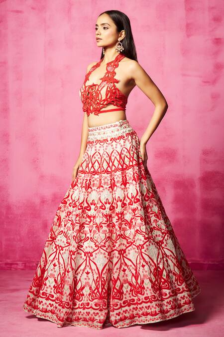 Buy Neha Gursahani Ivory Velvet, Organza Embroidery Halter Neck Patchwork Lehenga Set Online at Aza Fashions Buy_Neha Gursahani_Ivory Velvet, Organza Embroidery Halter Neck Patchwork Lehenga Set _Online_at_Aza_Fashions