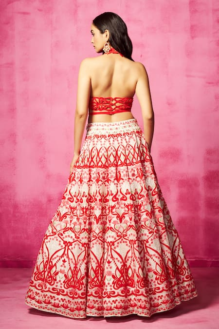 Shop Neha Gursahani Ivory Velvet, Organza Embroidery Halter Neck Patchwork Lehenga Set at Aza Fashions Shop_Neha Gursahani_Ivory Velvet, Organza Embroidery Halter Neck Patchwork Lehenga Set _at_Aza_Fashions