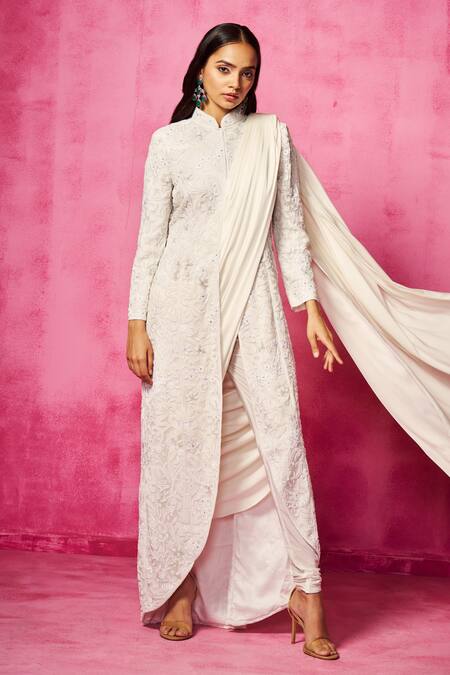 Neha Gursahani Ivory Organza Embroidery Mandarin Collar Pre-draped Pant Saree With Jacket Online at Aza Fashions Neha Gursahani_Ivory Organza Embroidery Mandarin Collar Pre-draped Pant Saree With Jacket _Online_at_Aza_Fashions
