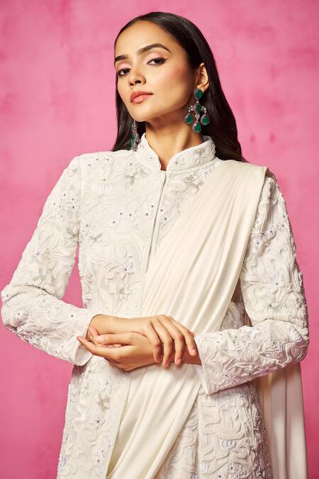 Buy Neha Gursahani Ivory Organza Embroidery Mandarin Collar Pre-draped Pant Saree With Jacket Online at Aza Fashions Buy_Neha Gursahani_Ivory Organza Embroidery Mandarin Collar Pre-draped Pant Saree With Jacket _Online_at_Aza_Fashions