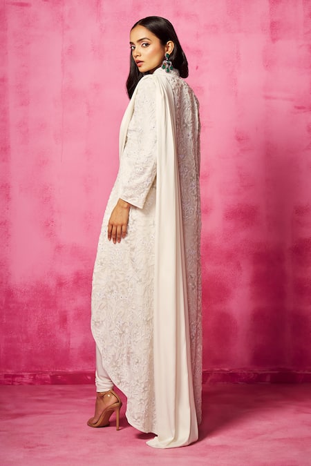 Shop Neha Gursahani Ivory Organza Embroidery Mandarin Collar Pre-draped Pant Saree With Jacket at Aza Fashions Shop_Neha Gursahani_Ivory Organza Embroidery Mandarin Collar Pre-draped Pant Saree With Jacket _at_Aza_Fashions