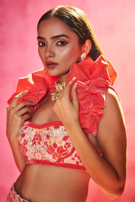 Shop_Neha Gursahani_Pink Organza, Velvet Embroidery, Mirrors Sweetheart Neck Lehenga Set With Shrug _at_Aza_Fashions