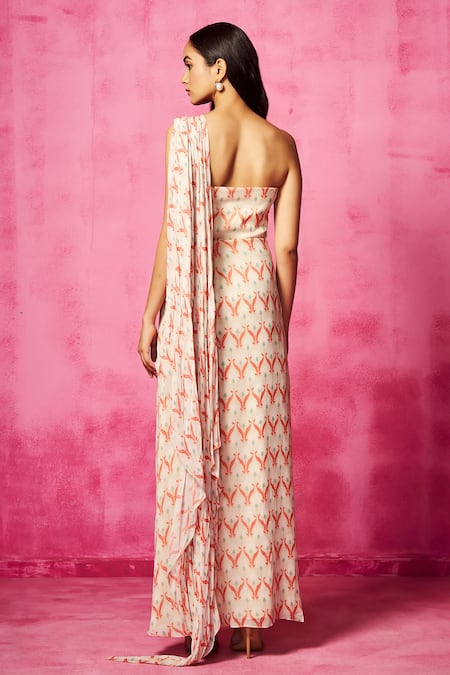 Neha Gursahani Ivory Abstract Print Pre-Draped Saree Gown 
