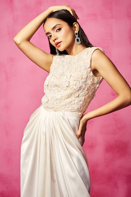 Shop Neha Gursahani Off White Organza, Lycra, Satin Embroidery Bodysuit And Pre-draped Skirt Set Online at Aza Fashions Shop_Neha Gursahani_Off White Organza, Lycra, Satin Embroidery Bodysuit And Pre-draped Skirt Set _Online_at_Aza_Fashions