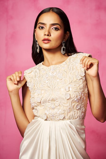 Neha Gursahani Off White Organza, Lycra, Satin Embroidery Bodysuit And Pre-draped Skirt Set at Aza Fashions Neha Gursahani_Off White Organza, Lycra, Satin Embroidery Bodysuit And Pre-draped Skirt Set _at_Aza_Fashions