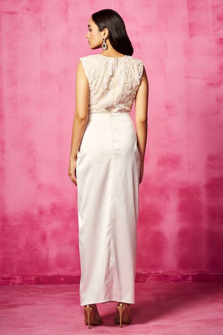 Shop Neha Gursahani Off White Organza, Lycra, Satin Embroidery Bodysuit And Pre-draped Skirt Set at Aza Fashions Shop_Neha Gursahani_Off White Organza, Lycra, Satin Embroidery Bodysuit And Pre-draped Skirt Set _at_Aza_Fashions