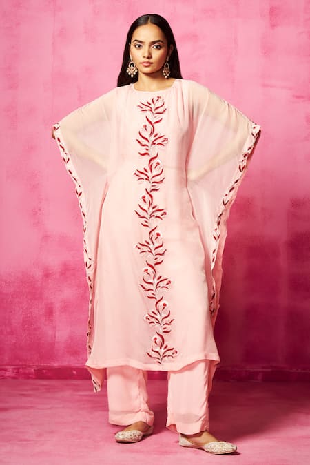 Neha Gursahani Pink Organza Embroidered Velvet Patchwork Round Kaftan And Pant Set
