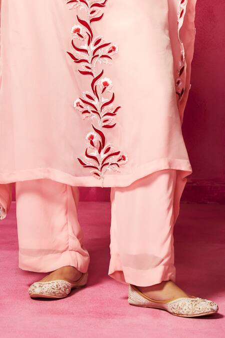 Neha Gursahani_Pink Organza Sequins, Embroidery Round Neck Kaftan And Pant Set _Online_at_Aza_Fashions