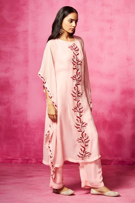 Buy_Neha Gursahani_Pink Organza Sequins, Embroidery Round Neck Kaftan And Pant Set _Online_at_Aza_Fashions