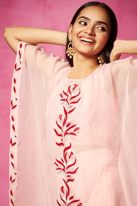 Shop_Neha Gursahani_Pink Organza Sequins, Embroidery Round Neck Kaftan And Pant Set _Online_at_Aza_Fashions