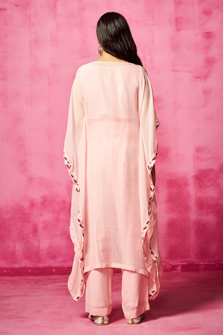 Shop_Neha Gursahani_Pink Organza Sequins, Embroidery Round Neck Kaftan And Pant Set _at_Aza_Fashions