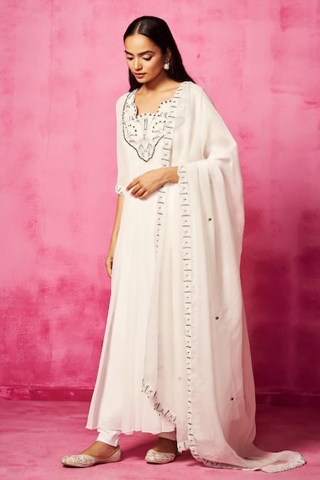 Buy_Neha Gursahani_Ivory Georgette, Cotton Embroidery Scoop Neck Yoke Anarkali Churidar Set _Online_at_Aza_Fashions