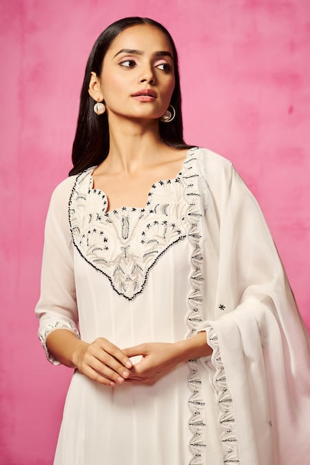 Shop_Neha Gursahani_Ivory Georgette, Cotton Embroidery Scoop Neck Yoke Anarkali Churidar Set _Online_at_Aza_Fashions