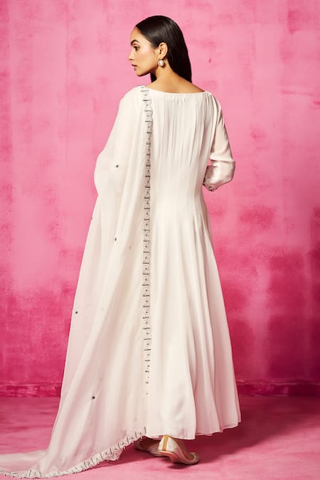 Shop_Neha Gursahani_Ivory Georgette, Cotton Embroidery Scoop Neck Yoke Anarkali Churidar Set _at_Aza_Fashions