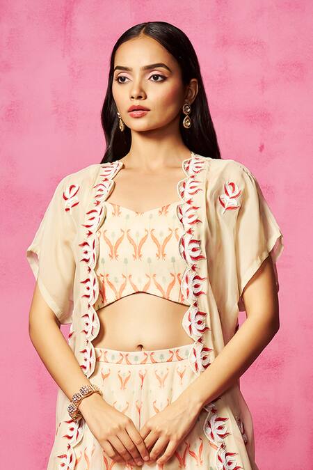 Neha Gursahani Ivory Georgette, Organza Beads, Abstract Print Lehenga Set With Jacket Online at Aza Fashions Neha Gursahani_Ivory Georgette, Organza Beads, Abstract Print Lehenga Set With Jacket _Online_at_Aza_Fashions