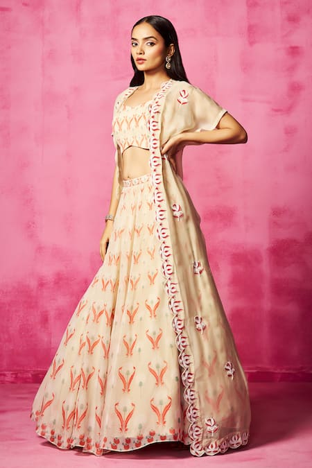 Shop Neha Gursahani Ivory Georgette, Organza Beads, Abstract Print Lehenga Set With Jacket Online at Aza Fashions Shop_Neha Gursahani_Ivory Georgette, Organza Beads, Abstract Print Lehenga Set With Jacket _Online_at_Aza_Fashions