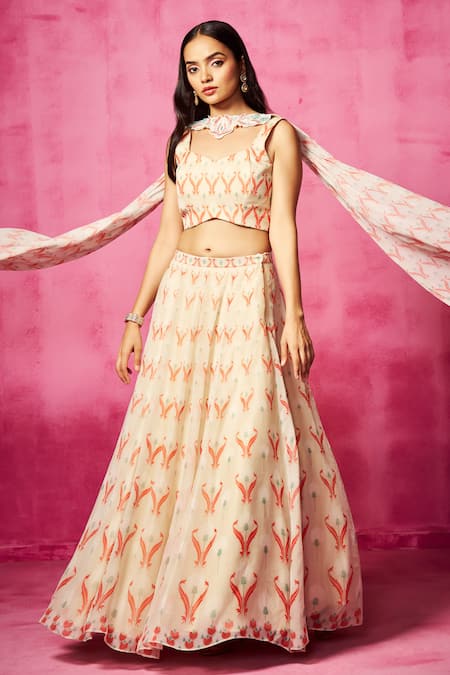Shop Neha Gursahani Ivory Georgette Zari, Embroidery V-neck Abstract Print Blouse Lehenga Set Online at Aza Fashions Shop_Neha Gursahani_Ivory Georgette Zari, Embroidery V-neck Abstract Print Blouse Lehenga Set _Online_at_Aza_Fashions