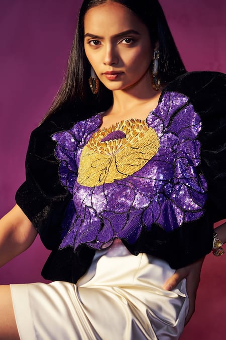 Shop Neha Gursahani Multi Color Tulle Embroidered Floral Square Neck And Sequins Dress Online at Aza Fashions Shop_Neha Gursahani_Multi Color Tulle Embroidered Floral Square Neck And Sequins Dress _Online_at_Aza_Fashions