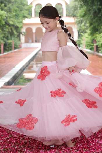 Panchhi By Kanupriya Tibrewala_Pink Net, Organza Embroidery Pushp Hibiscus Lehenga Blouse Set_Online_at_Aza_Fashions