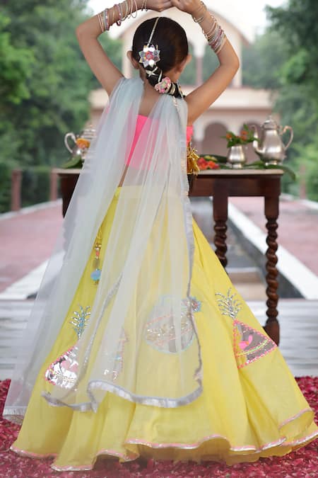 Panchhi By Kanupriya Tibrewala_Pink Organza, Silk Sequins Patakha Embroidered Lehenga Blouse Set_at_Aza_Fashions