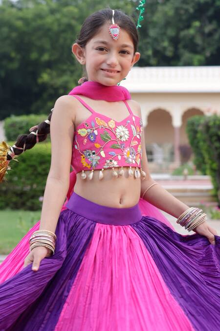 Panchhi By Kanupriya Tibrewala_Pink , Satin, Net, Crepe Forest Life Mirror Lehenga Blouse Set_Online_at_Aza_Fashions