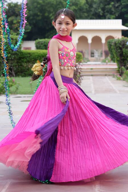 Buy_Panchhi By Kanupriya Tibrewala_Pink , Satin, Net, Crepe Forest Life Mirror Lehenga Blouse Set_Online_at_Aza_Fashions