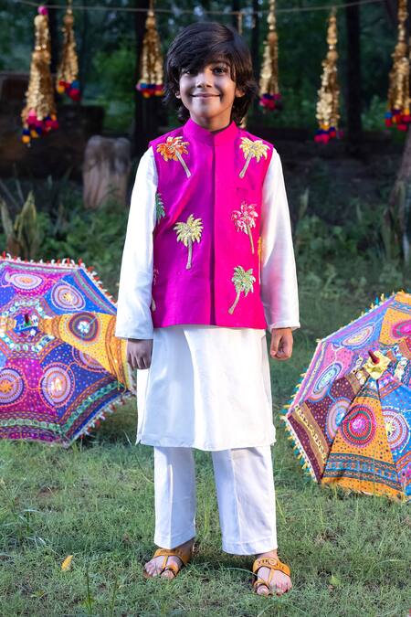 Panchhi By Kanupriya Tibrewala_Pink , Satin Sequins Palm Trees Hand Embroidered Bundi_Online_at_Aza_Fashions