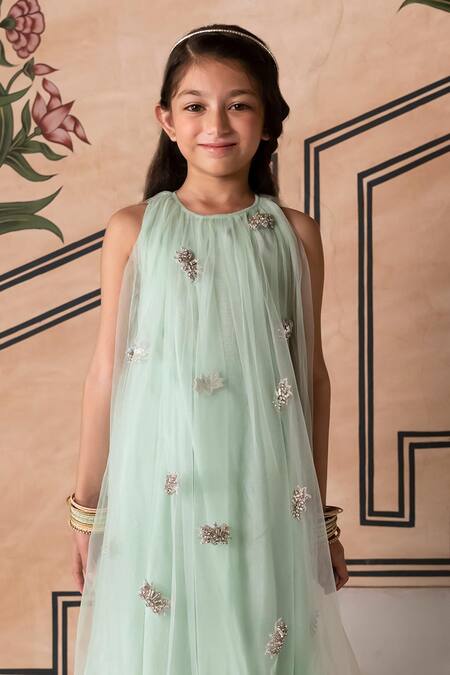 Panchhi By Kanupriya Tibrewala_Green Net Embroidery Lotus Embellished Tunic With Palazzo_Online_at_Aza_Fashions