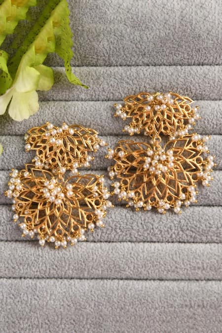 Shop Totapari Gold Plated Pearls Embellished Mohini Dangler Earrings at Aza Fashions Shop_Totapari_Gold Plated Pearls Embellished Mohini Dangler Earrings _at_Aza_Fashions
