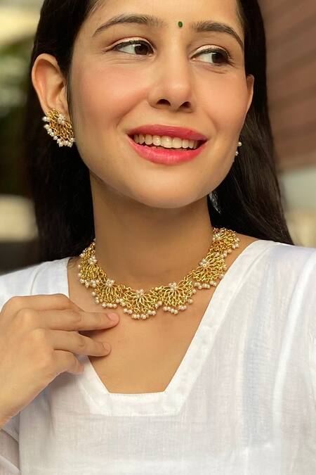 Totapari Gold Plated Pearls Embellished Lotus Mist Necklace Set 