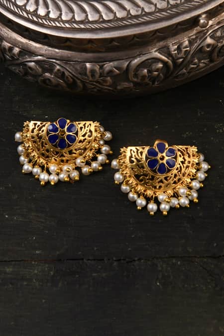 Shop Totapari Blue Metallic Thread, Pearls Meena Embellished Mogra Necklace Set at Aza Fashions Shop_Totapari_Blue Metallic Thread, Pearls Meena Embellished Mogra Necklace Set _at_Aza_Fashions