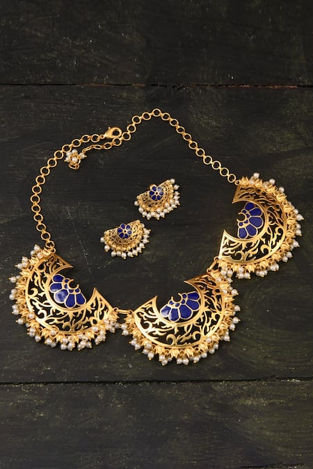 Shop Totapari Blue Metallic Thread, Pearls Meena Embellished Necklace Set at Aza Fashions Shop_Totapari_Blue Metallic Thread, Pearls Meena Embellished Necklace Set _at_Aza_Fashions